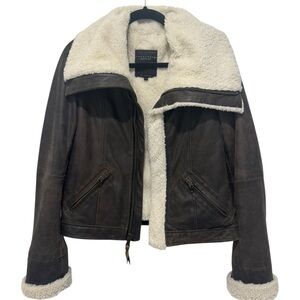 Sanctuary Brown Genuine Leather Shearling-Lined Moto/Aviator Jacket, Size S